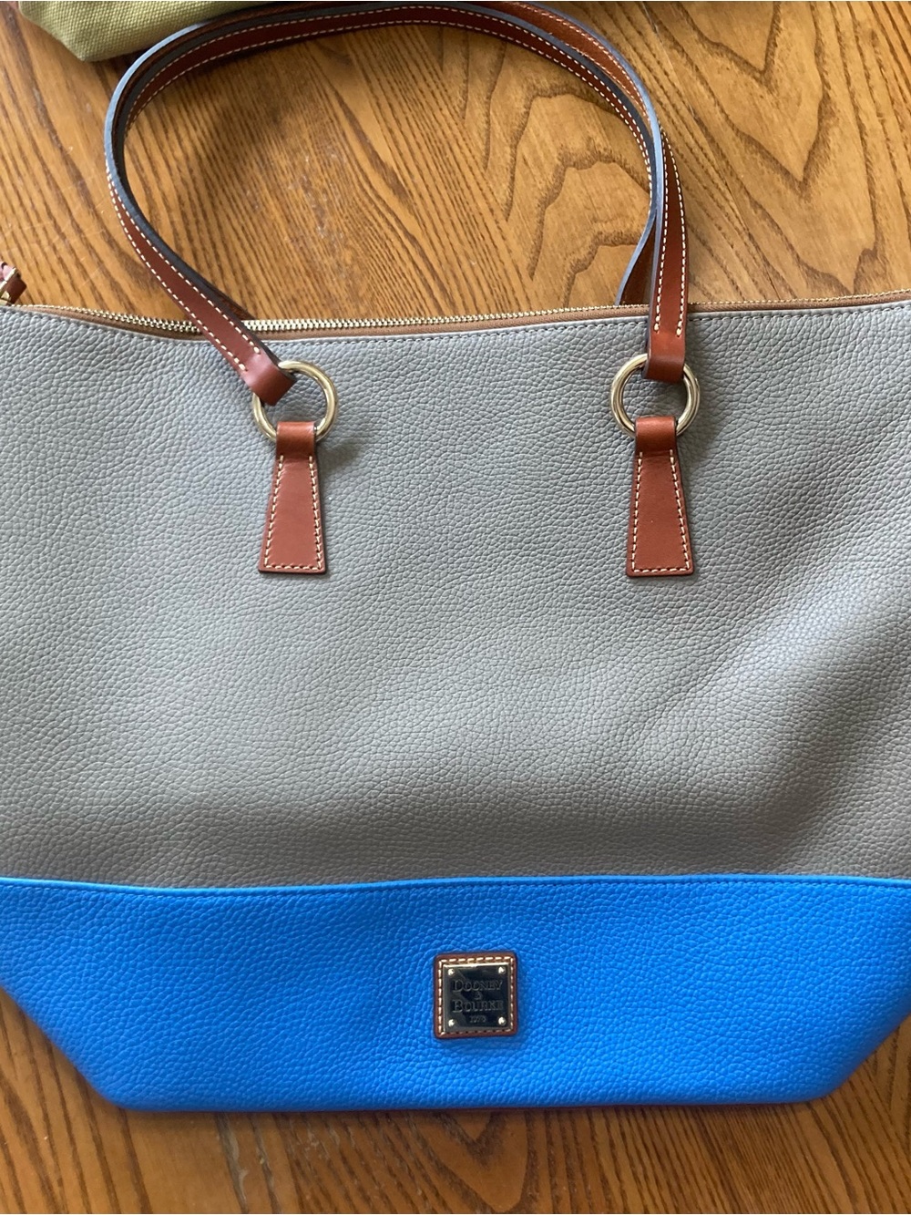 Dooney & Bourke Gray and Bright Blue Pebble Leather Tote with Brown Handles - Picture 2 of 10